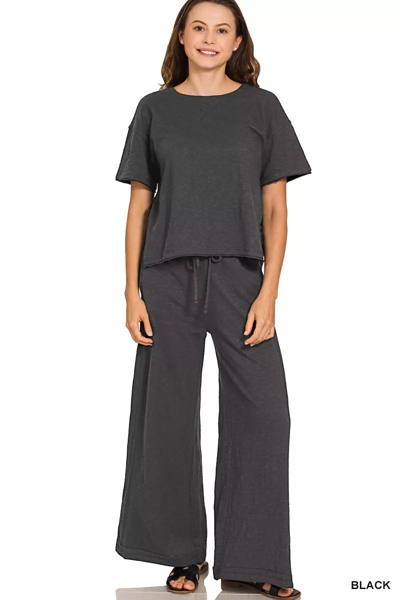 Zenana Black Cotton Slub Short Sleeve Tee and Pants Set BLACK