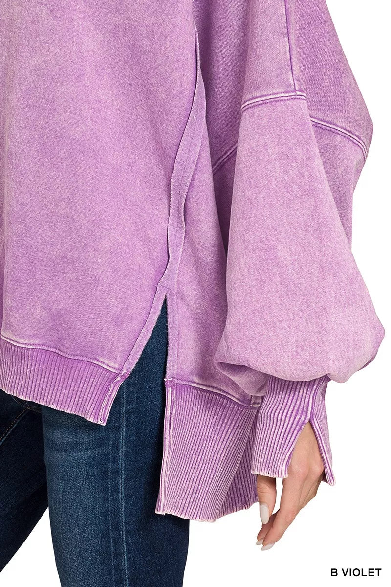 Zenana Bright Violet Acid Washed Batwing Sleeve Fleece Sweatshirt