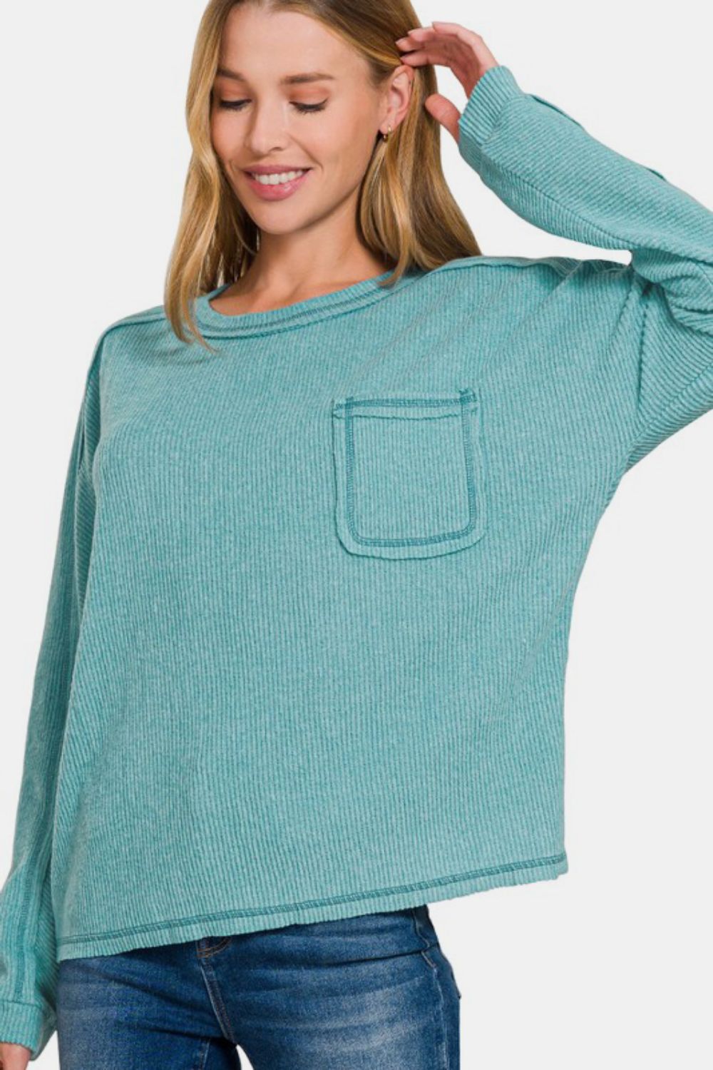 Zenana Teal Contrast Stitching Brushed Ribbed Hacci Knit Top Teal Shirts & Tops