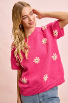 BiBi FuchsiaFlower Embroidered Short Sleeves Knit Top