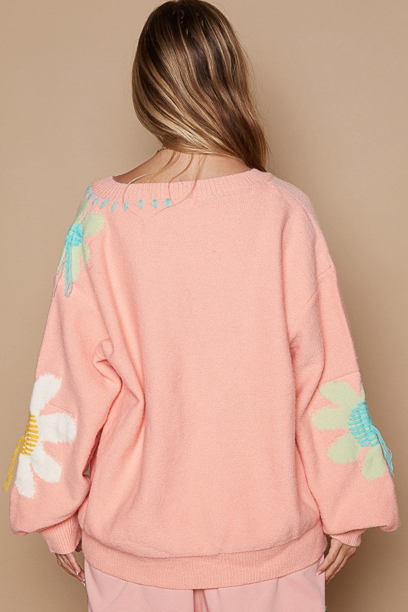 POL V-Neck Pink Long Sleeve Flower Fringe Sweater