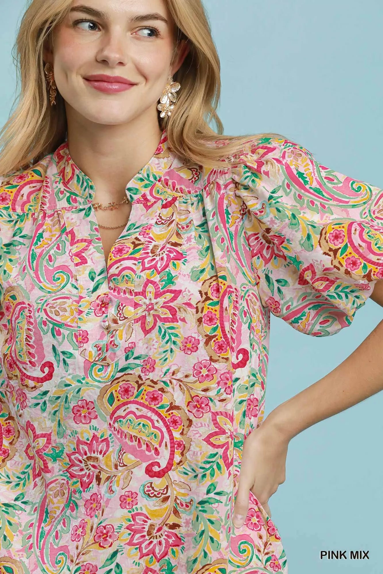 Umgee Pink Mix Paisley Floral Puff Sleeve Shift Dress
