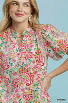 Umgee Pink Mix Paisley Floral Puff Sleeve Shift Dress