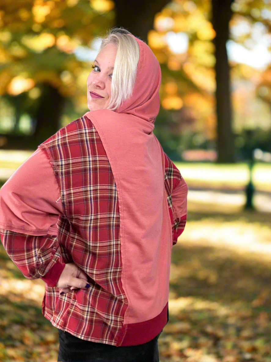 Haptics Adorable in Marsala Plaid Color Block Zipper French Terry Hoodie Shirts & Tops