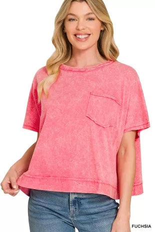 Zenana Acid Washed Round Neck Short Sleeve Oversized T-Shirt FUCHSIA