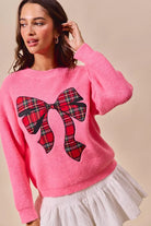 SO ME Pink Checker Plaid Ribbon Christmas Holiday Sweater