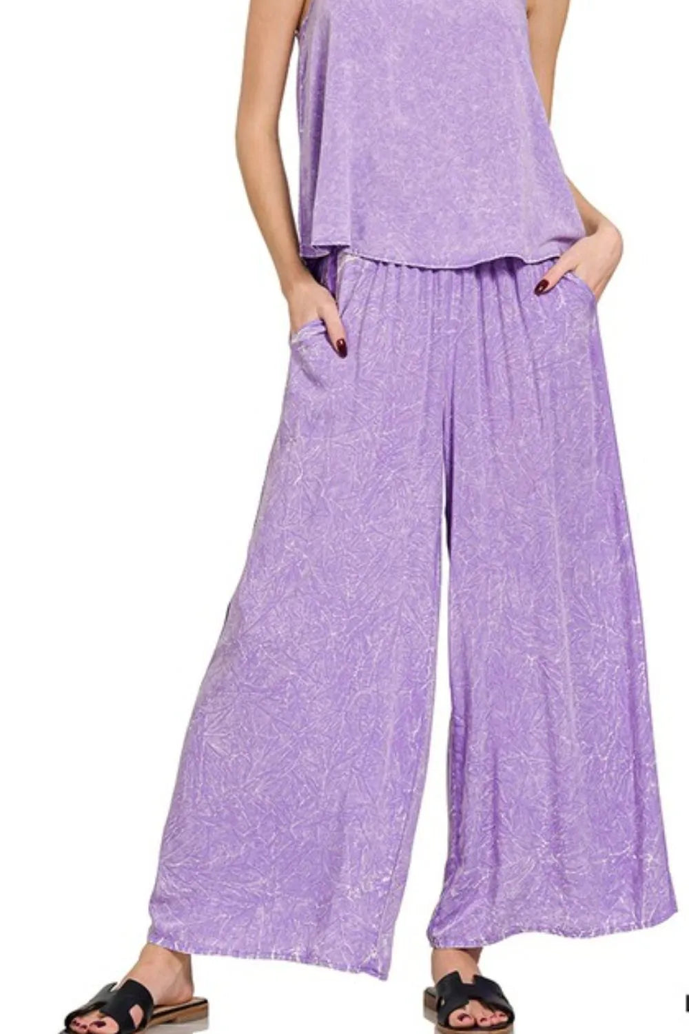 Zenana Lavender Woven Acid Crinkle Washed Cami & Pants 2 Piece Set