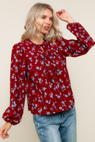 Haptics Burgundy Ribbon Detail Yoke Bubble Long Sleeve Floral Print Woven Blouse