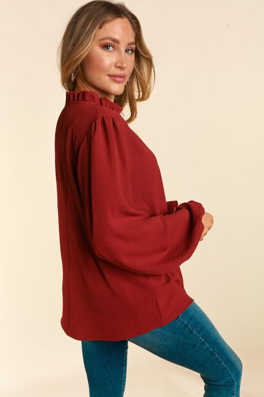 Haptics Burgundy Frilled Edge V Neck Tie Top Haptics