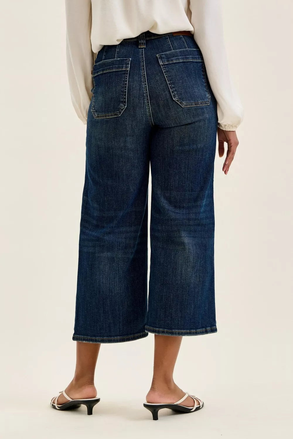 Judy Blue Dark Washed High Waist Wide Crop Utility Jeans with Patch Pocket