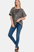 Zenana Black Acid Washed French Terry Drop Shoulder Raw Edge Top Trendsi