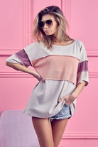 BiBi Apricot and Coral Thermal Rib Top with Bella Rib Color Block APRICOT CORAL