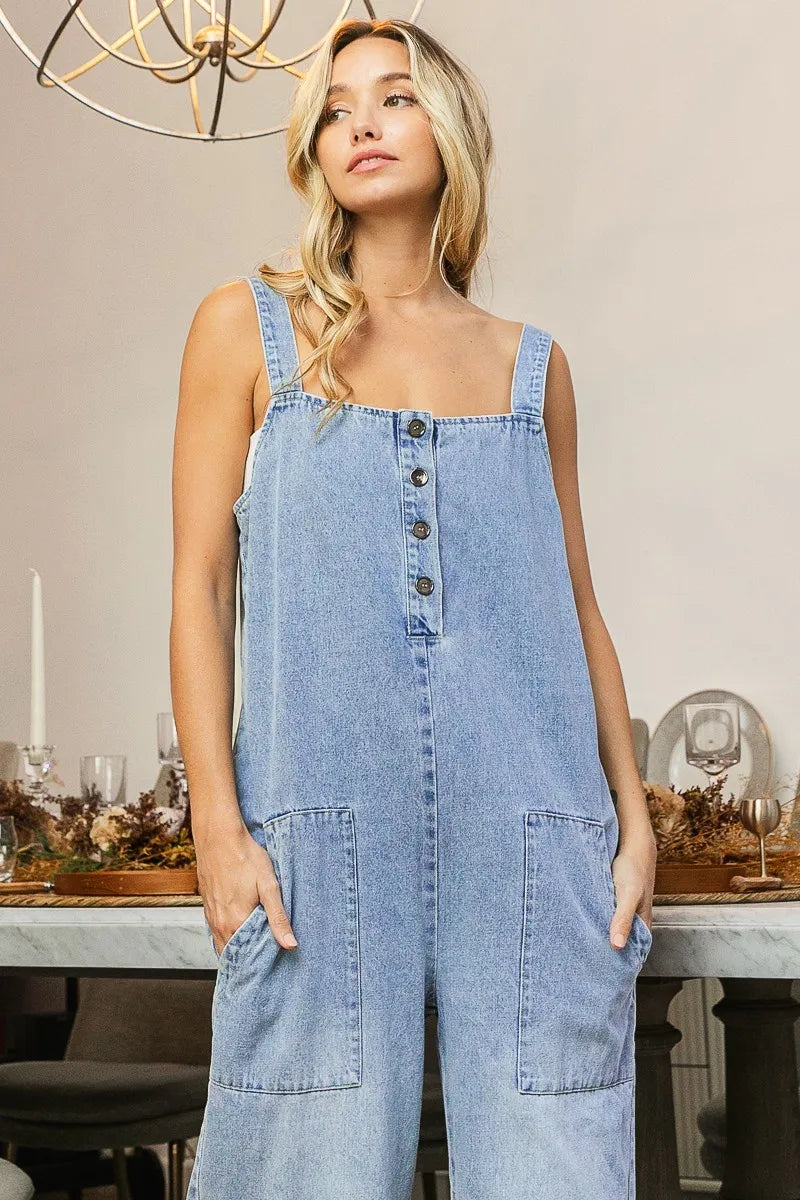BiBi Washed Denim Buttoned Overall Jumpsuit