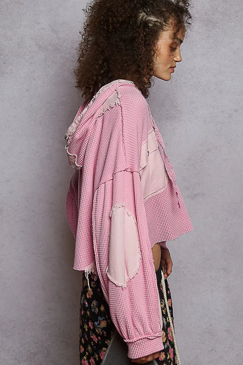 POL Fuchsia Pink Raw Hem Cropped Hooded Jacket