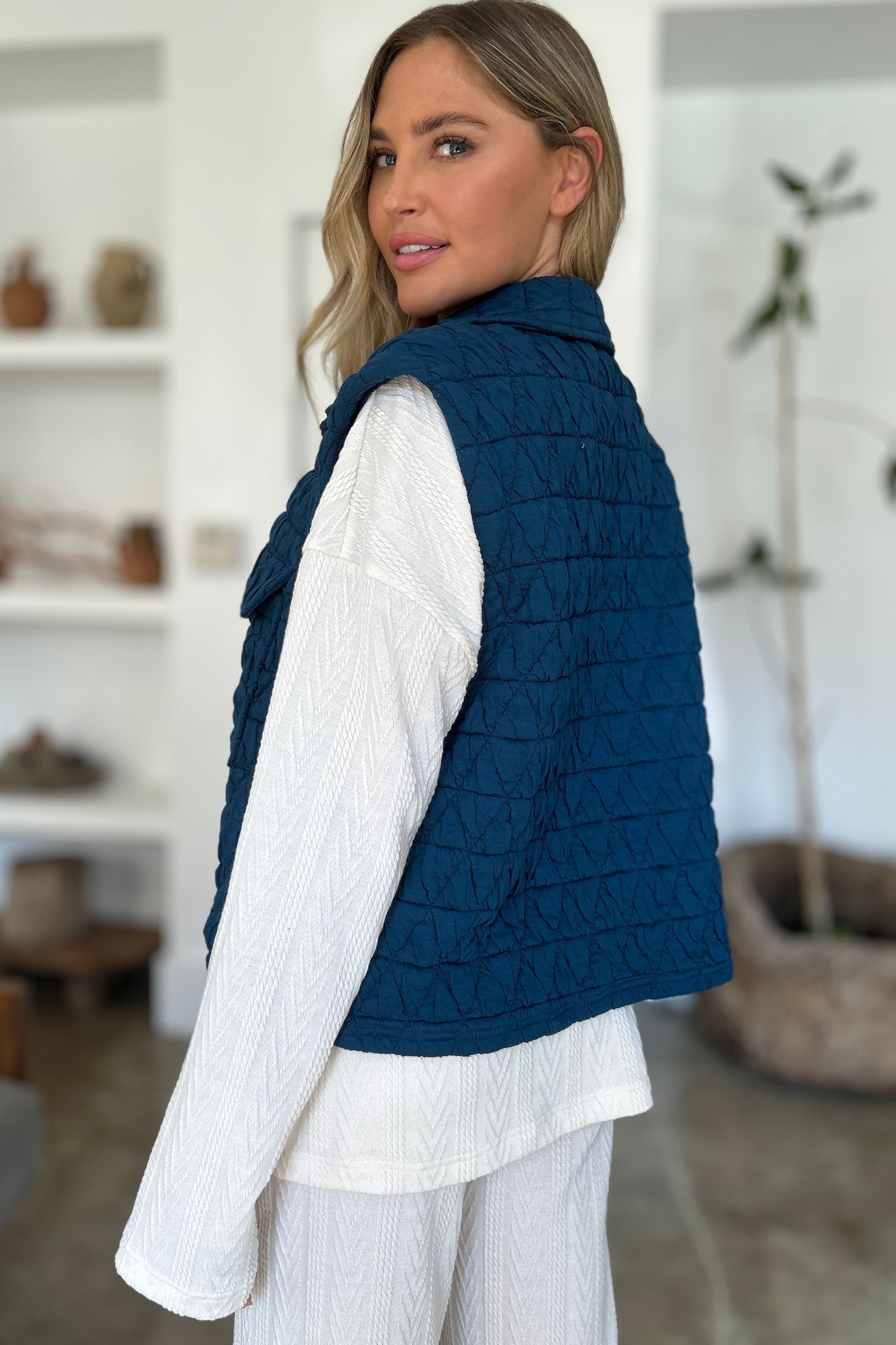 Double Take Pocketed Quilted Textured Snap Down Vest Coat Trendsi