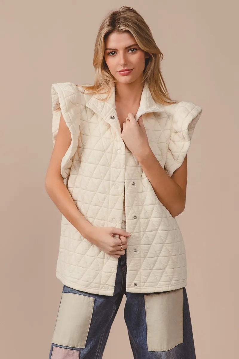 BiBi Oatmeal Quilting Knit Ruffle Sleeve Vest