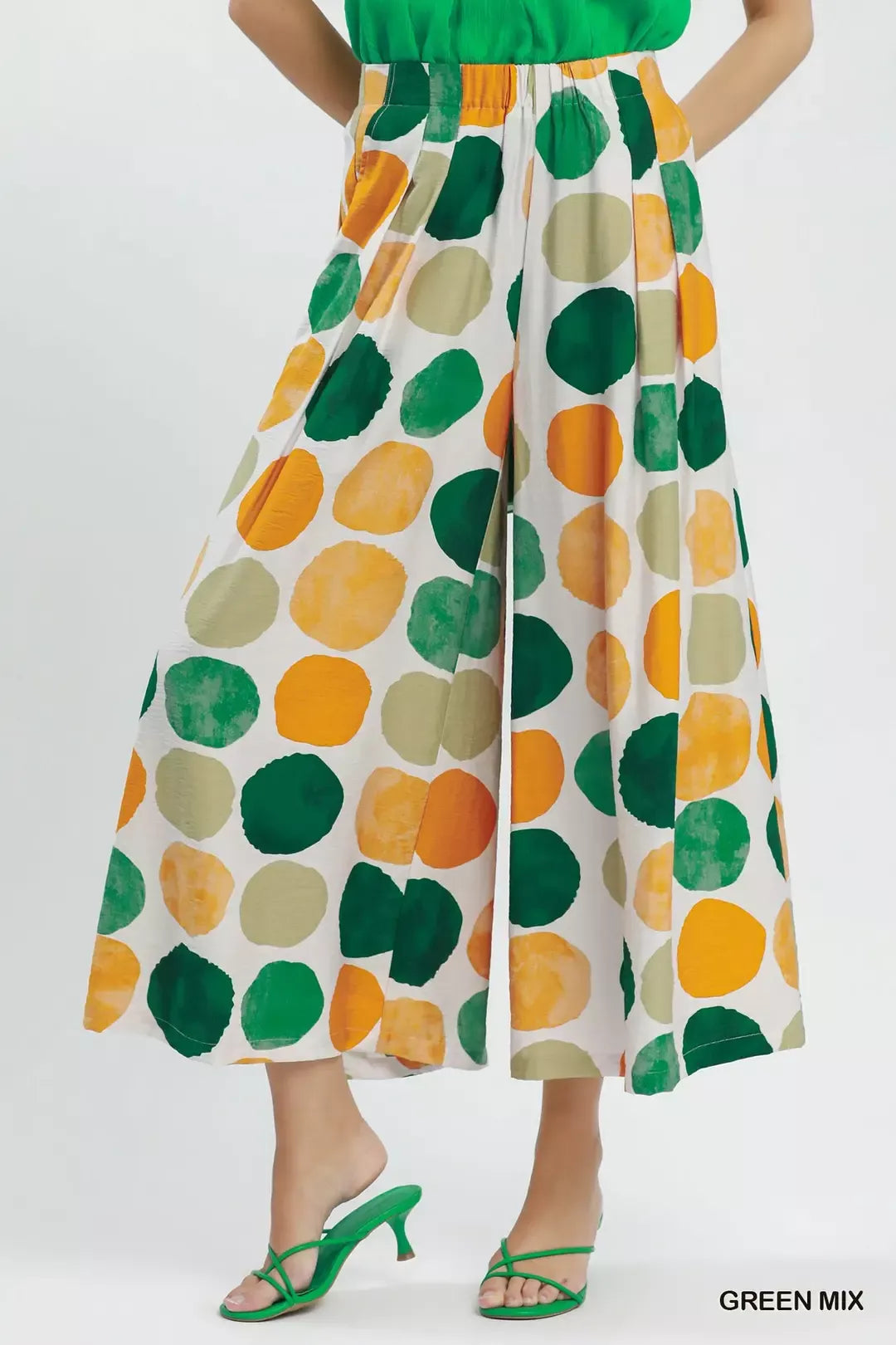 Umgee Dot Print Wide Leg Pants GREEN MIX