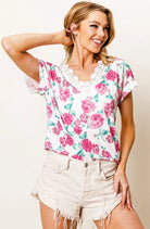 BiBi Fuchsia Rose Printed Poly Span with Crochet Lace Top
