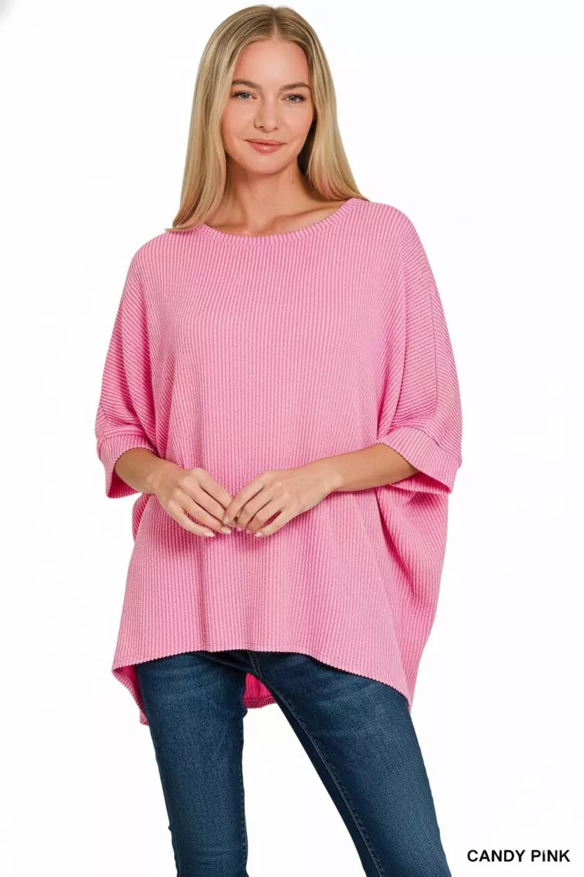Zenana Candy Pink Round Neck Raised Rib Bat Sleeve Top