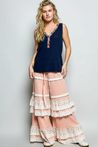 POL Navy Ribbed V-Neck Tank with Contrast Floral Neckband