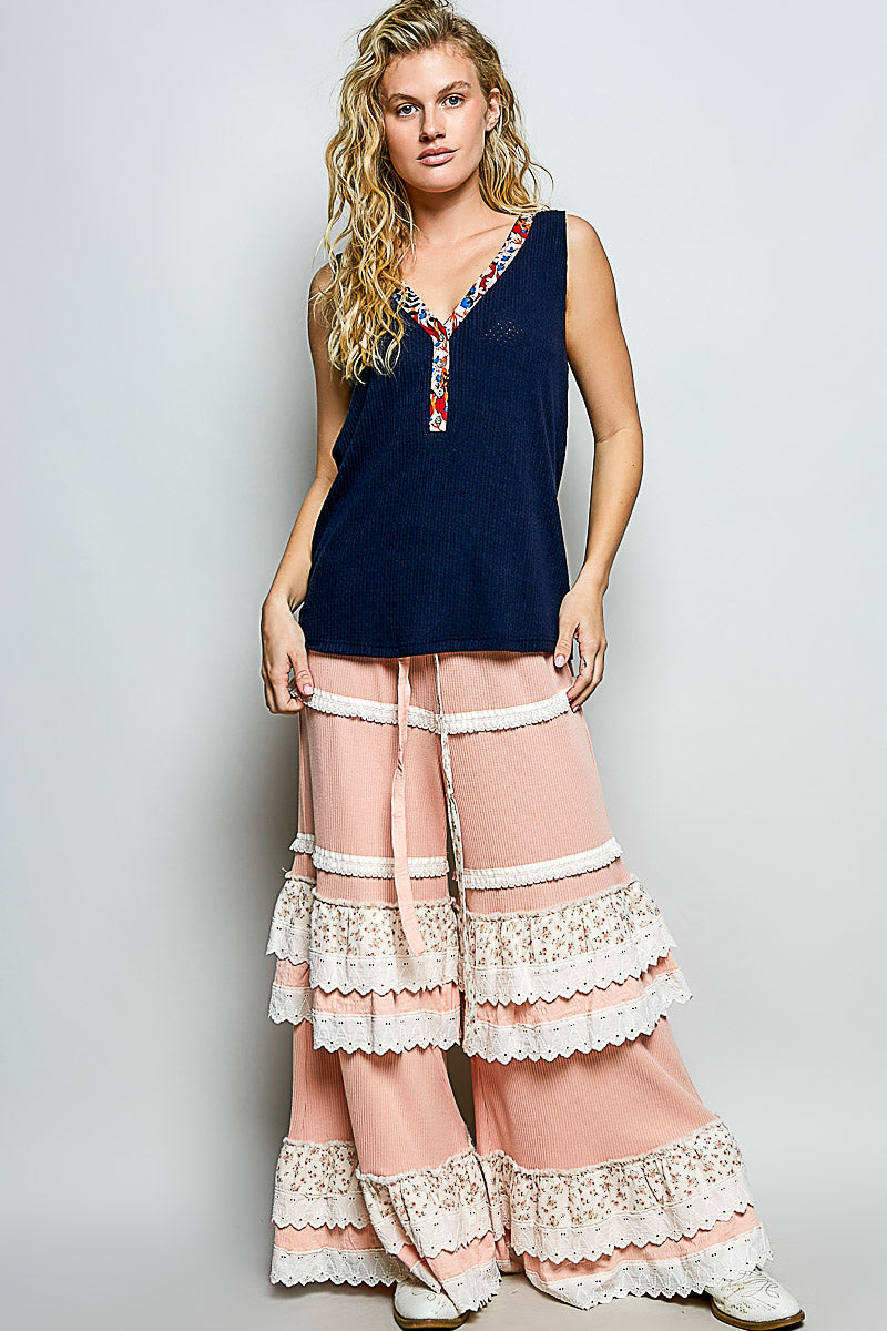 POL Navy Ribbed V-Neck Tank with Contrast Floral Neckband