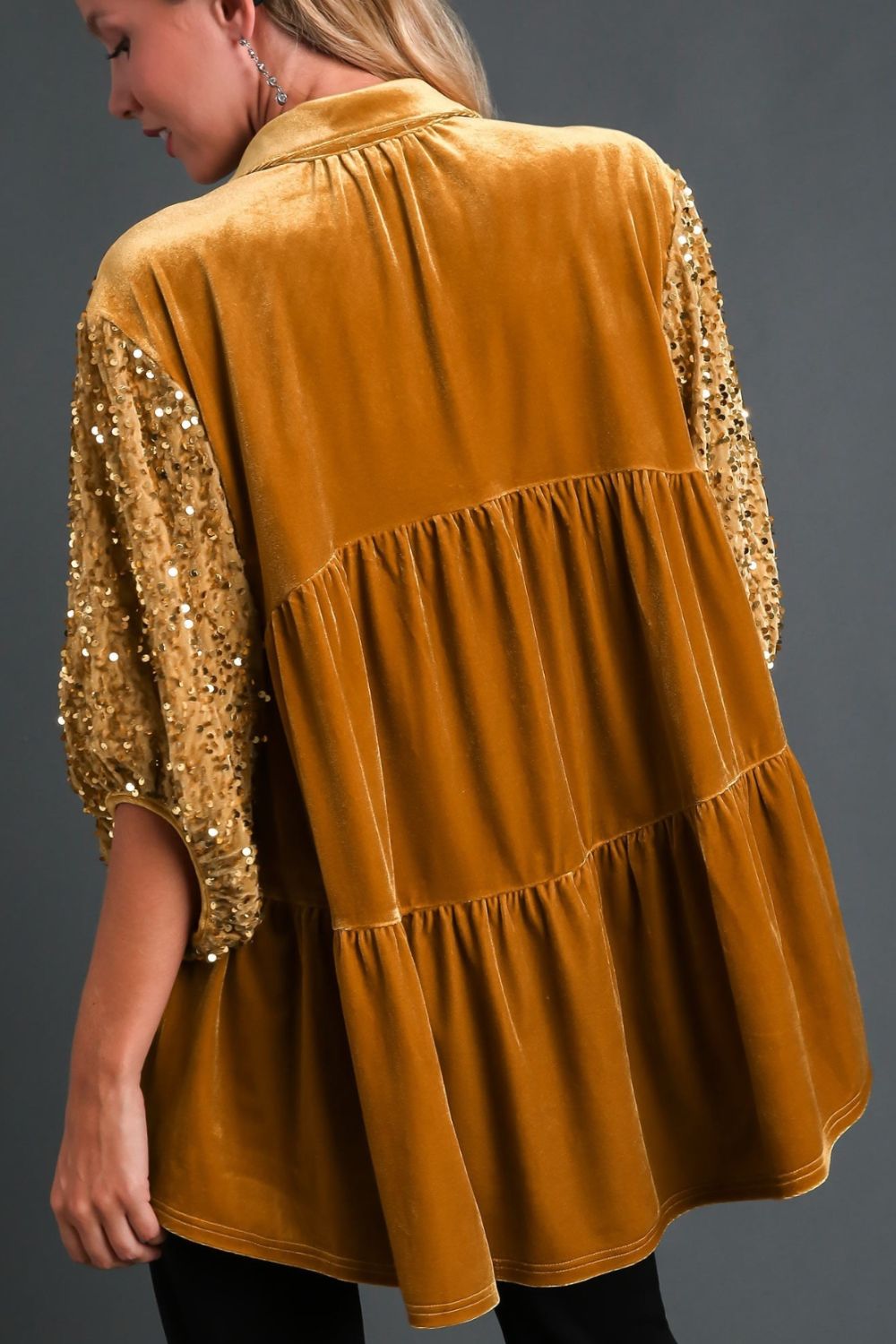 Umgee Mustard Velvet Sequin Detail Tiered Back Half Sleeve Blouse Shirts & Tops