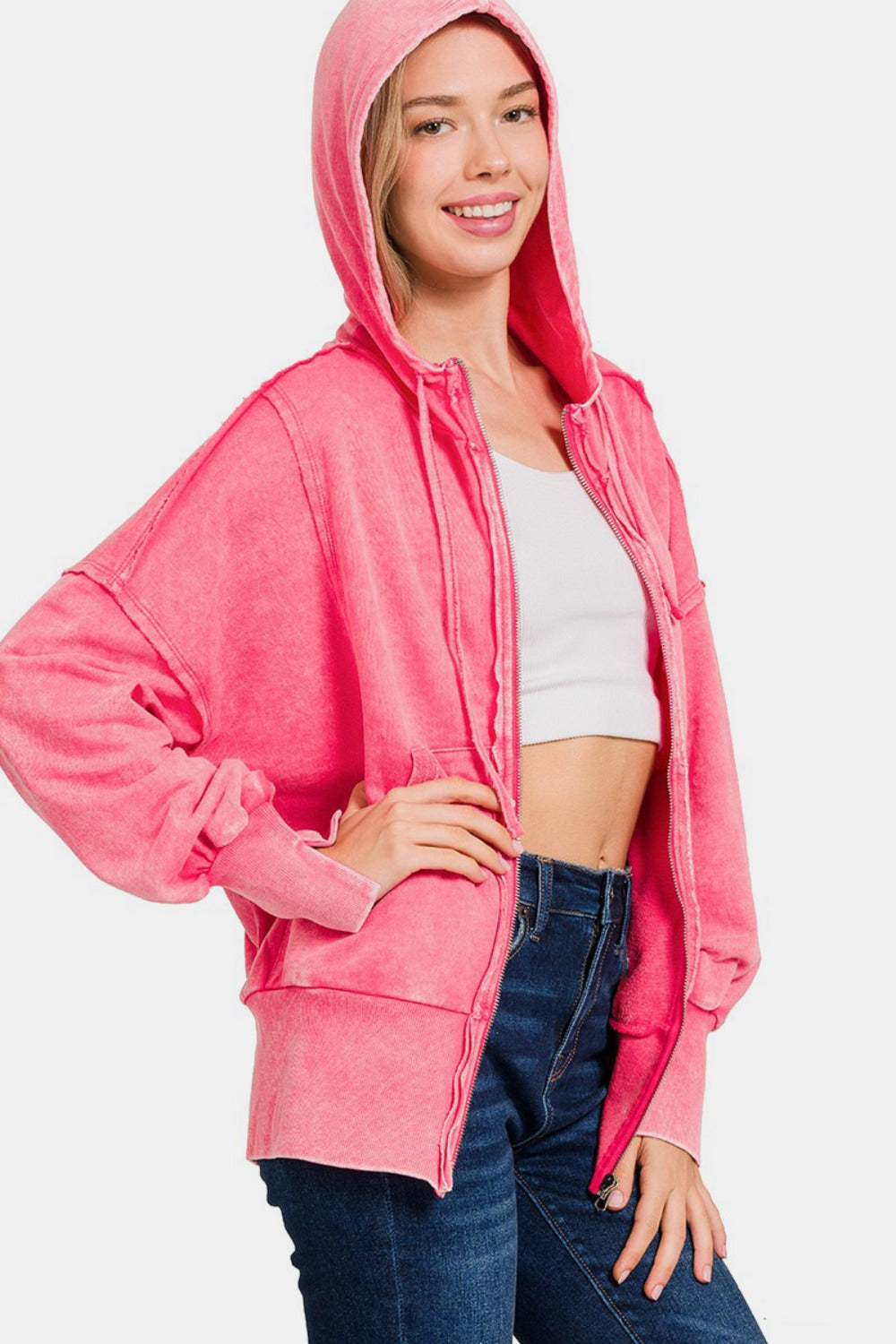 Zenana Fuchsia Acid Washed French Terry Zip-Up Hoodie with Pockets Shirts & Tops