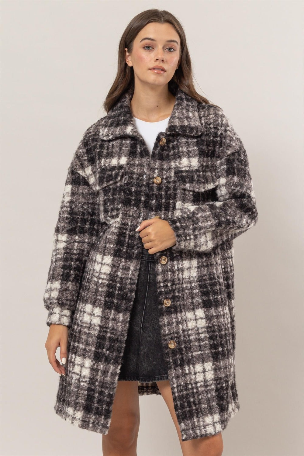 HYFVE Black Plaid Button Down Longline Shacket Black Trendsi