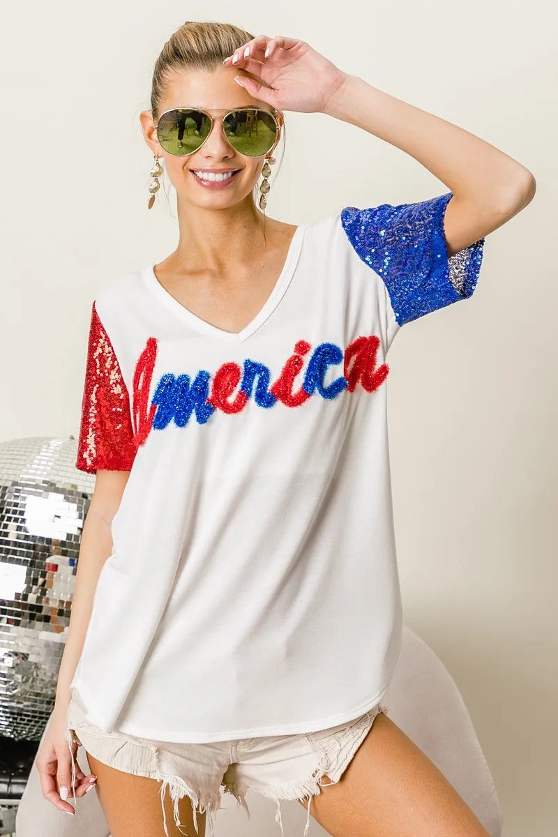 BiBi Metallic Letter America V-neck Sequin Sleeves Top