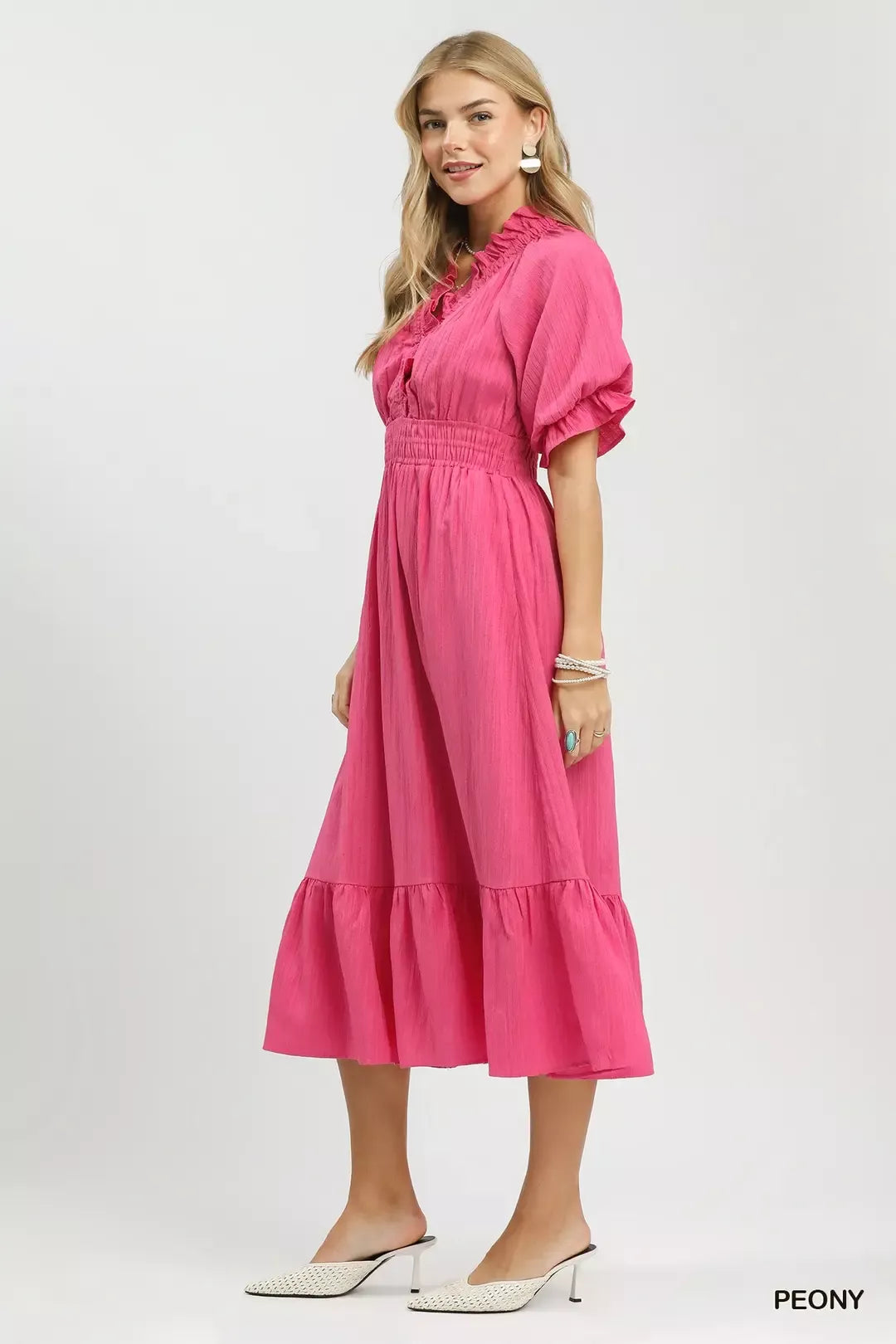 Umgee Peony Ruffle V-Neck Midi Dress