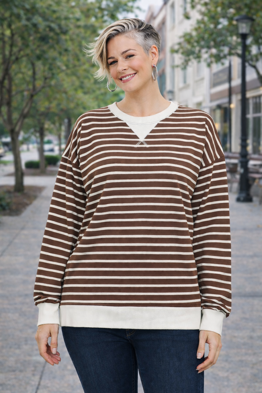 Zenana Brown Contrast Striped Round Neck Sweatshirt