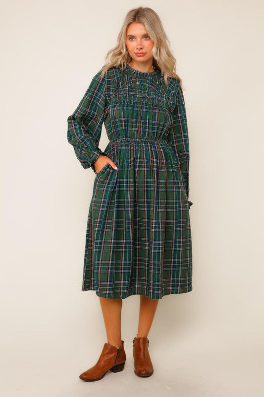 Haptics Hunter Green Midi Plaid Dress with Side Pockets
