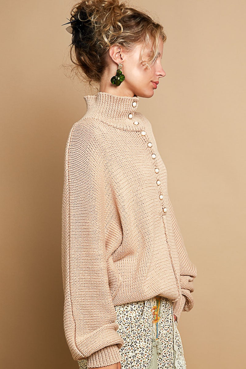 POL Pearl Detail Turtleneck Long Sleeve Sweater in Latte Trendsi