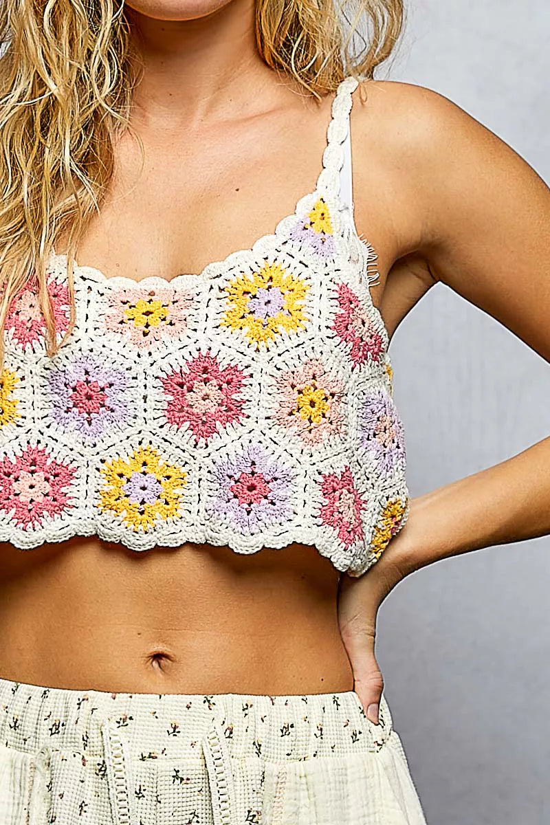 POL Handmade Granny Pattern Crochet Cami with Scalloped Strap