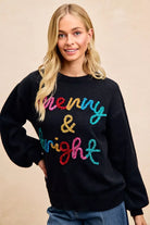 BiBi Black Tinsel Lettering Merry & Bright Christmas Sweater