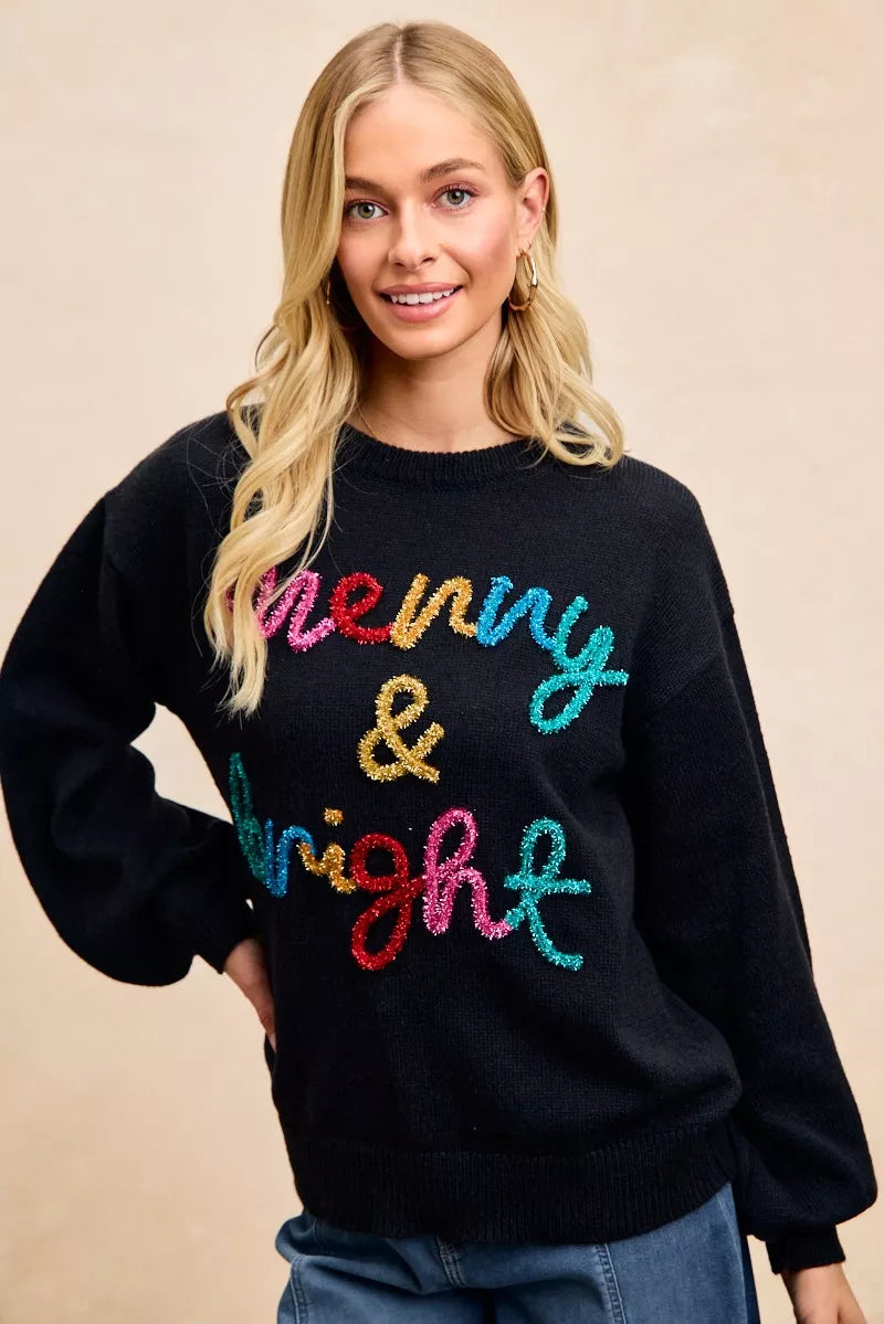 BiBi Black Tinsel Lettering Merry & Bright Christmas Sweater