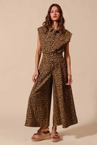 SO ME Wide Leg Leopard Twill Overalls Jumpsuit with Tuck Pleats