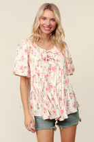 Haptics Pleated Ribbon Floral Bubble Short Sleeve Top