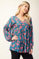 Celeste Teal Tiered Floral V-Neck Long Sleeve Blouse Teal