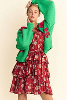 Davi & Dani Green Floral Applique Open Front Drop Shoulder Cardigan Trendsi