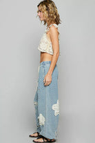 POL Floral Patch Washed Textured Twill Pants with Crochet See Thru Patch