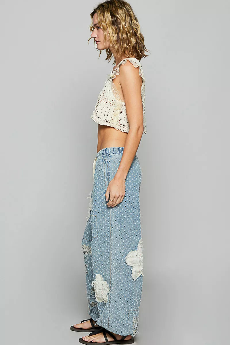 POL Floral Patch Washed Textured Twill Pants with Crochet See Thru Patch