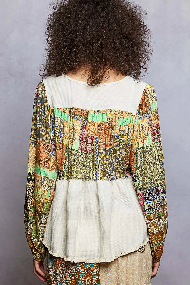 POL Balloon Sleeve Peplum Blouse with Trim Detail