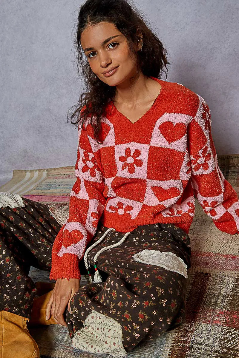 POL Cherry Red & Pink V-Neck Heart Pattern Checkered Sweater CHERRY RED PINK