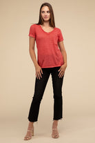 Washed Melange Burnout Scoop V-Neck Top ZENANA