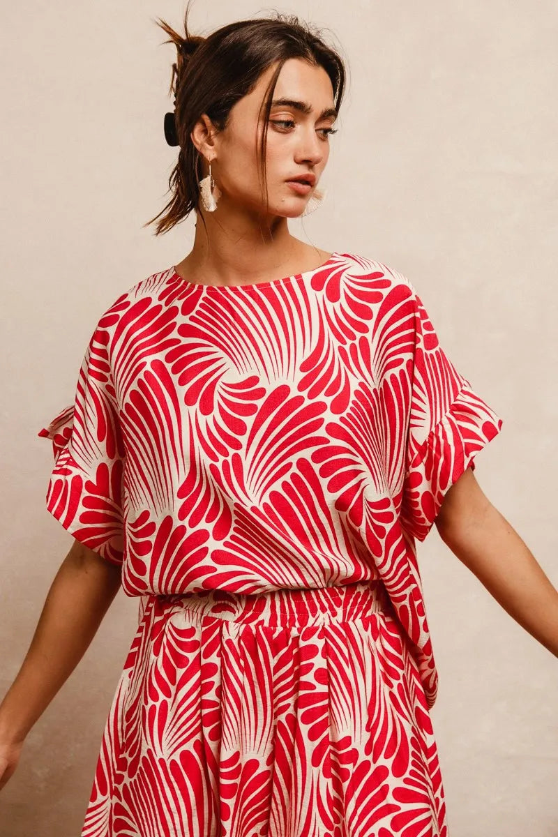 BiBi Print Woven Ruffled Sleeves Blouse