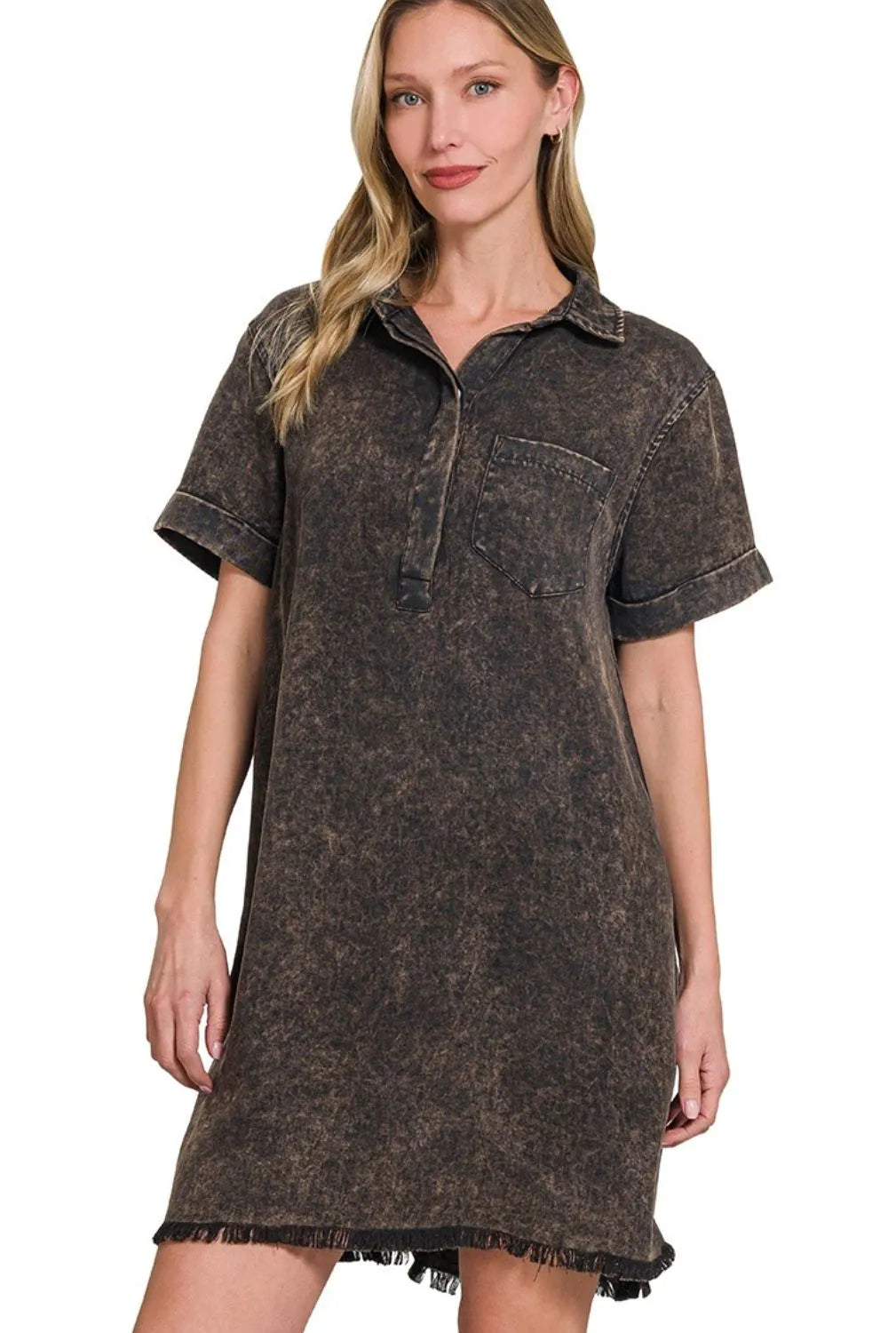 Zenana Tencel Ash Black Mineral Washed Collared Shirt Dress ASH BLACK