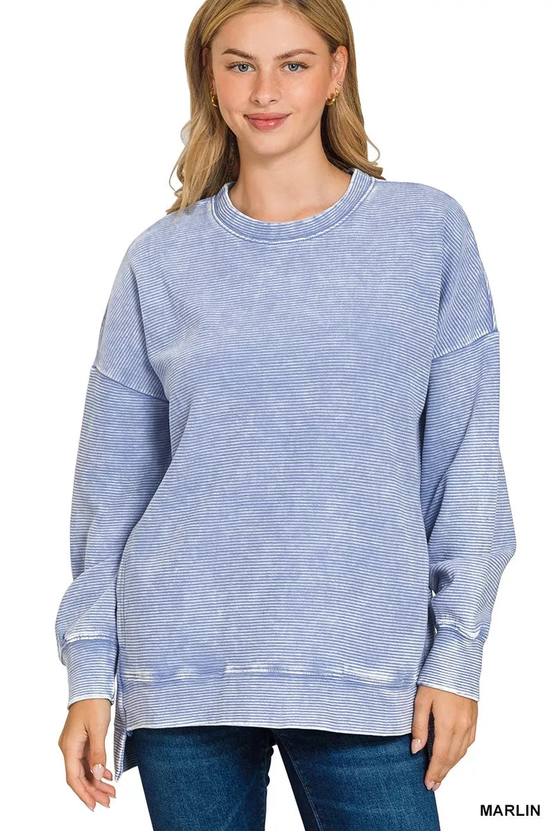 Zenana Marlin Acid Washed Double Ribbed Hi-low Sweatshirt