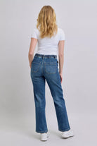 Judy Medium Washed Blue Drawstring Straight Jeans with Pockets