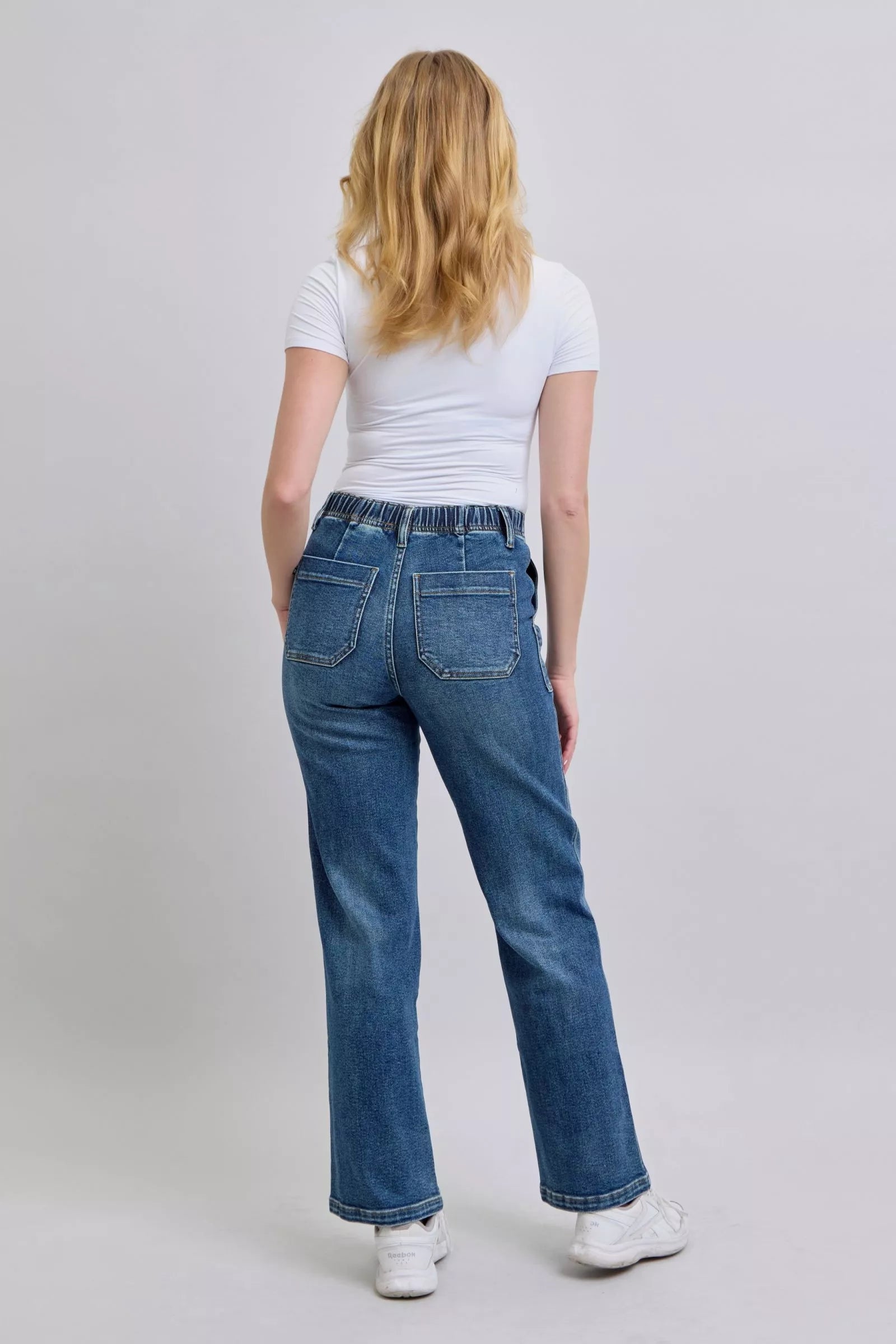 Judy Medium Washed Blue Drawstring Straight Jeans with Pockets